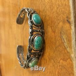 Vintage Old Pawn Sterling Triple Green Turquoise Thunderbird Cuff Bracelet