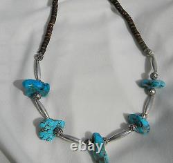 Vintage Old Pawn Turquoise Sterling Hand Made Beads Heishi Necklace 17