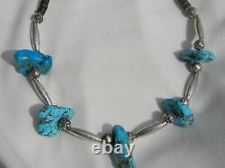 Vintage Old Pawn Turquoise Sterling Hand Made Beads Heishi Necklace 17