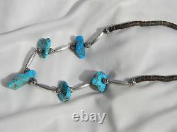 Vintage Old Pawn Turquoise Sterling Hand Made Beads Heishi Necklace 17