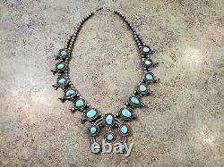 Vintage Old Sterling Silver & Turquoise Squash Blossom Necklace 278 Grams