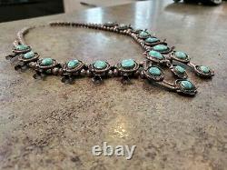 Vintage Old Sterling Silver & Turquoise Squash Blossom Necklace 278 Grams