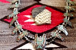 Vintage PEYOTE BIRD SQUASH BLOSSOM NECKLACE sterling Navajo chip inlay turquoise