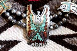 Vintage PEYOTE BIRD SQUASH BLOSSOM NECKLACE sterling Navajo chip inlay turquoise