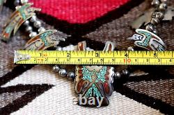 Vintage PEYOTE BIRD SQUASH BLOSSOM NECKLACE sterling Navajo chip inlay turquoise