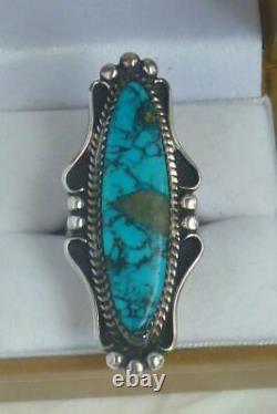 Vintage Pawn Navajo BEN YAZZIE Signed LONG Turquoise Sterling Silver Ring! Sz 7