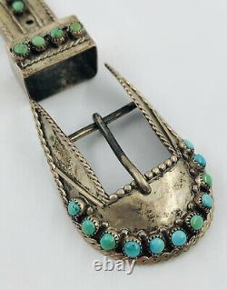 Vintage Pawn Navajo Sterling Silver Stamped & Turquoise Ranger Belt Buckle Set