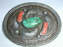 Vintage Phil Chapo Navajo Sterling Silver Huge Buckle With Kingman Turquoise