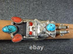 Vintage Pre-Owned Navajo Turquoise Coral Kachina Silver Ring Unsigned Sz 8