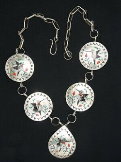 Vintage Raymond Boyd Navajo Sterling Silver Gemstone Inlay Hummingbird Necklace