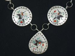 Vintage Raymond Boyd Navajo Sterling Silver Gemstone Inlay Hummingbird Necklace