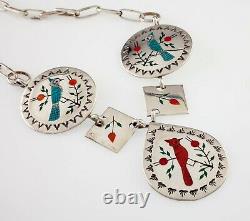 Vintage Raymond Boyd Navajo Turquoise & Coral In-lay Bird Sterling Necklace