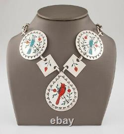 Vintage Raymond Boyd Navajo Turquoise & Coral In-lay Bird Sterling Necklace