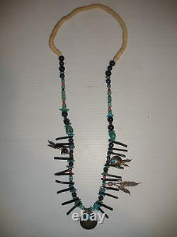 Vintage Richard Begay Navajo Sterling Silver Turquoise Red Black Coral Necklace