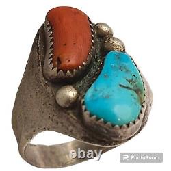 Vintage Richard Long Navajo Sterling Silver Turquoise Coral Turquoise Ring12.75