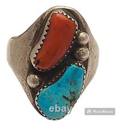 Vintage Richard Long Navajo Sterling Silver Turquoise Coral Turquoise Ring12.75