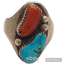 Vintage Richard Long Navajo Sterling Silver Turquoise Coral Turquoise Ring12.75