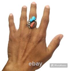 Vintage Richard Long Navajo Sterling Silver Turquoise Coral Turquoise Ring12.75