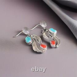 Vintage Rita Dawes Navajo Turquoise & Red Coral Sterling Silver Dangle Earrings