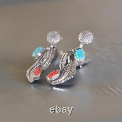 Vintage Rita Dawes Navajo Turquoise & Red Coral Sterling Silver Dangle Earrings