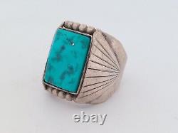 Vintage S TOLTH, Navajo Sterling Silver Kingman Turquoise Large Ring Size 11.5