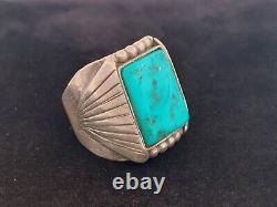 Vintage S TOLTH, Navajo Sterling Silver Kingman Turquoise Large Ring Size 11.5