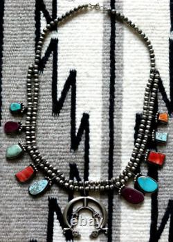 Vintage SQUASH BLOSSOM necklace MULTI STONE sampler TURQUOISE sterling Navajo GP