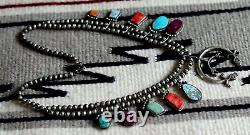 Vintage SQUASH BLOSSOM necklace MULTI STONE sampler TURQUOISE sterling Navajo GP