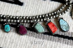 Vintage SQUASH BLOSSOM necklace MULTI STONE sampler TURQUOISE sterling Navajo GP