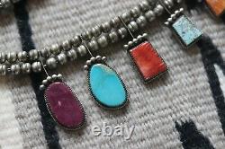 Vintage SQUASH BLOSSOM necklace MULTI STONE sampler TURQUOISE sterling Navajo GP