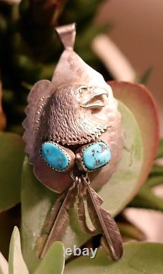 Vintage STERLING SILVER & 2 TURQUOISE NUGGET EAGLE pendant FRED JAMES Navajo