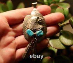 Vintage STERLING SILVER & 2 TURQUOISE NUGGET EAGLE pendant FRED JAMES Navajo