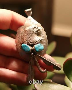 Vintage STERLING SILVER & 2 TURQUOISE NUGGET EAGLE pendant FRED JAMES Navajo