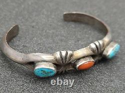 Vintage Signed MT Navajo Sterling Silver Turquoise Coral Cuff Bracelet