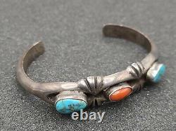Vintage Signed MT Navajo Sterling Silver Turquoise Coral Cuff Bracelet