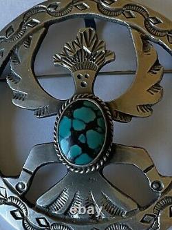 Vintage Signed Navajo Iule-Style Sterling Silver Turquoise Knifewing Pin/Pendant