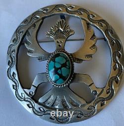 Vintage Signed Navajo Iule-Style Sterling Silver Turquoise Knifewing Pin/Pendant