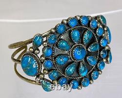 Vintage Signed Running Bear Navajo Blue Turquoise Petit Point Cuff Bracelet