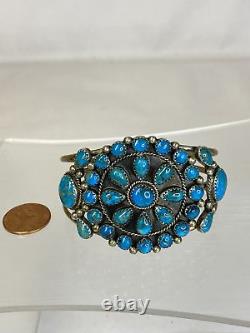 Vintage Signed Running Bear Navajo Blue Turquoise Petit Point Cuff Bracelet