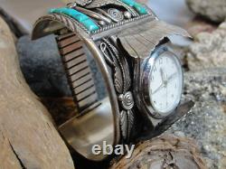 Vintage Signed Silver Ray Navajo Turquoise Watch Cuff Bracelet 120g
