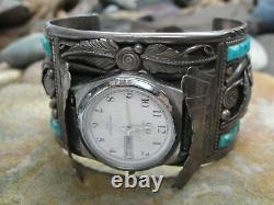 Vintage Signed Silver Ray Navajo Turquoise Watch Cuff Bracelet 120g