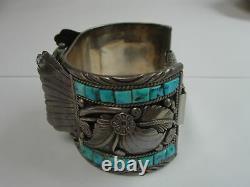 Vintage Signed Silver Ray Navajo Turquoise Watch Cuff Bracelet 120g