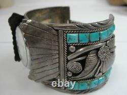 Vintage Signed Silver Ray Navajo Turquoise Watch Cuff Bracelet 120g