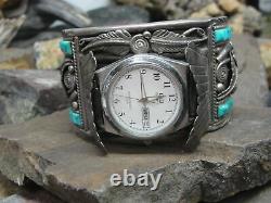 Vintage Signed Silver Ray Navajo Turquoise Watch Cuff Bracelet 120g