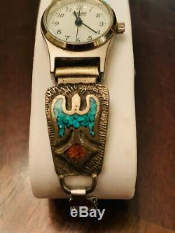 Vintage Silver Crushed Turquoise and Red Coral Watch Band Navajo
