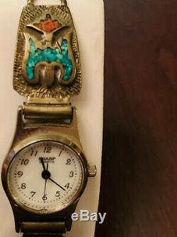 Vintage Silver Crushed Turquoise and Red Coral Watch Band Navajo