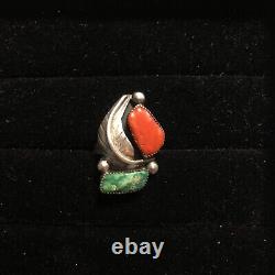 Vintage Silver Navajo Ring Coral and Turquoise Leaf Sx 6.5