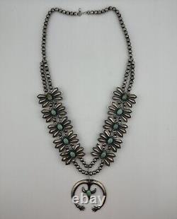 Vintage Silver Navajo Turquoise Squash Blossom Necklace