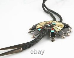 Vintage Silver Zuni Navajo Sunface Lapidary Inlay Bolo Tie Signed TPB Leather