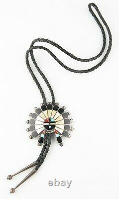 Vintage Silver Zuni Navajo Sunface Lapidary Inlay Bolo Tie Signed TPB Leather